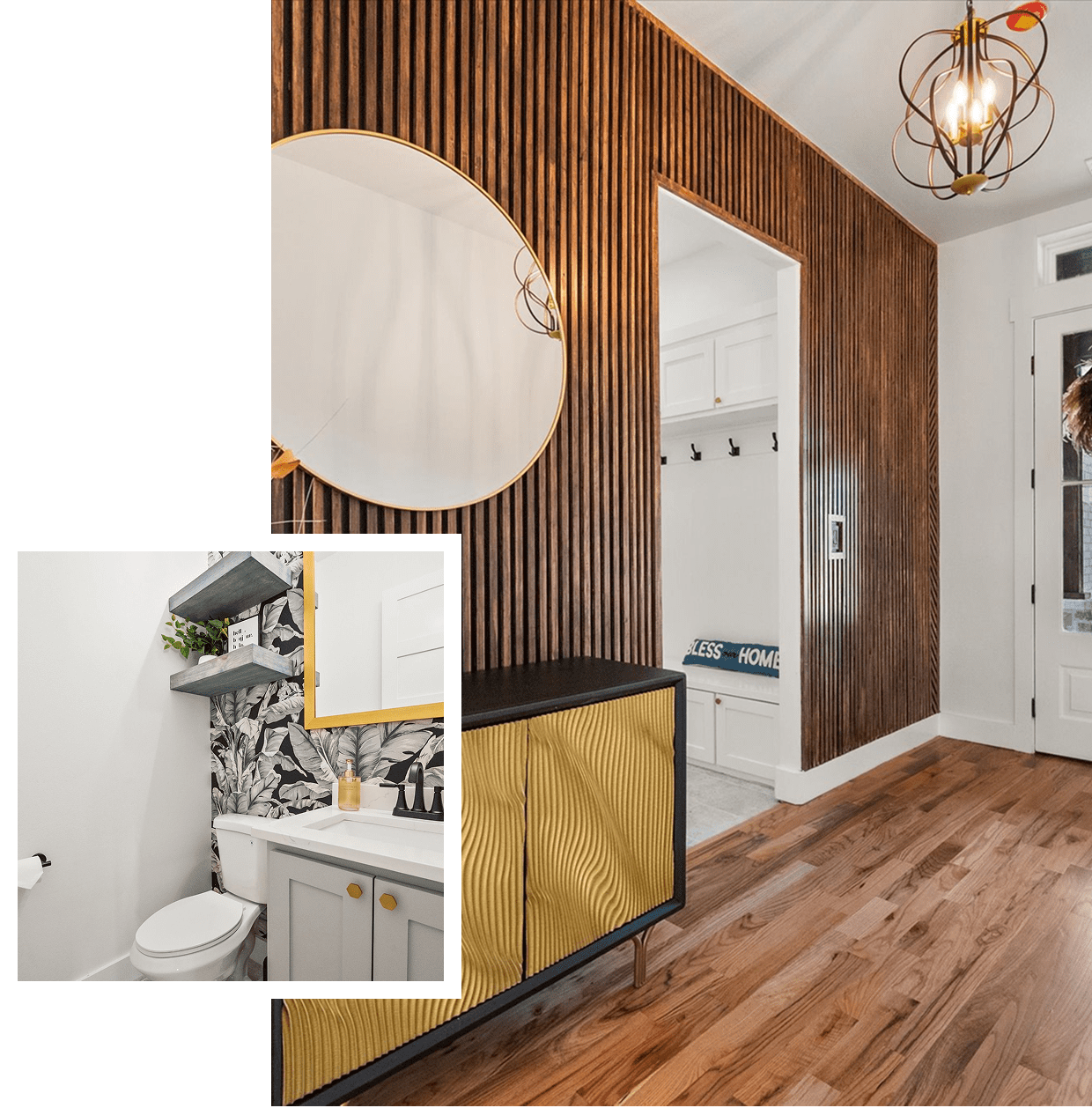 Modern bathroom with wooden accents and a sleek vanity.