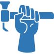 Blue hand holding a hammer icon
