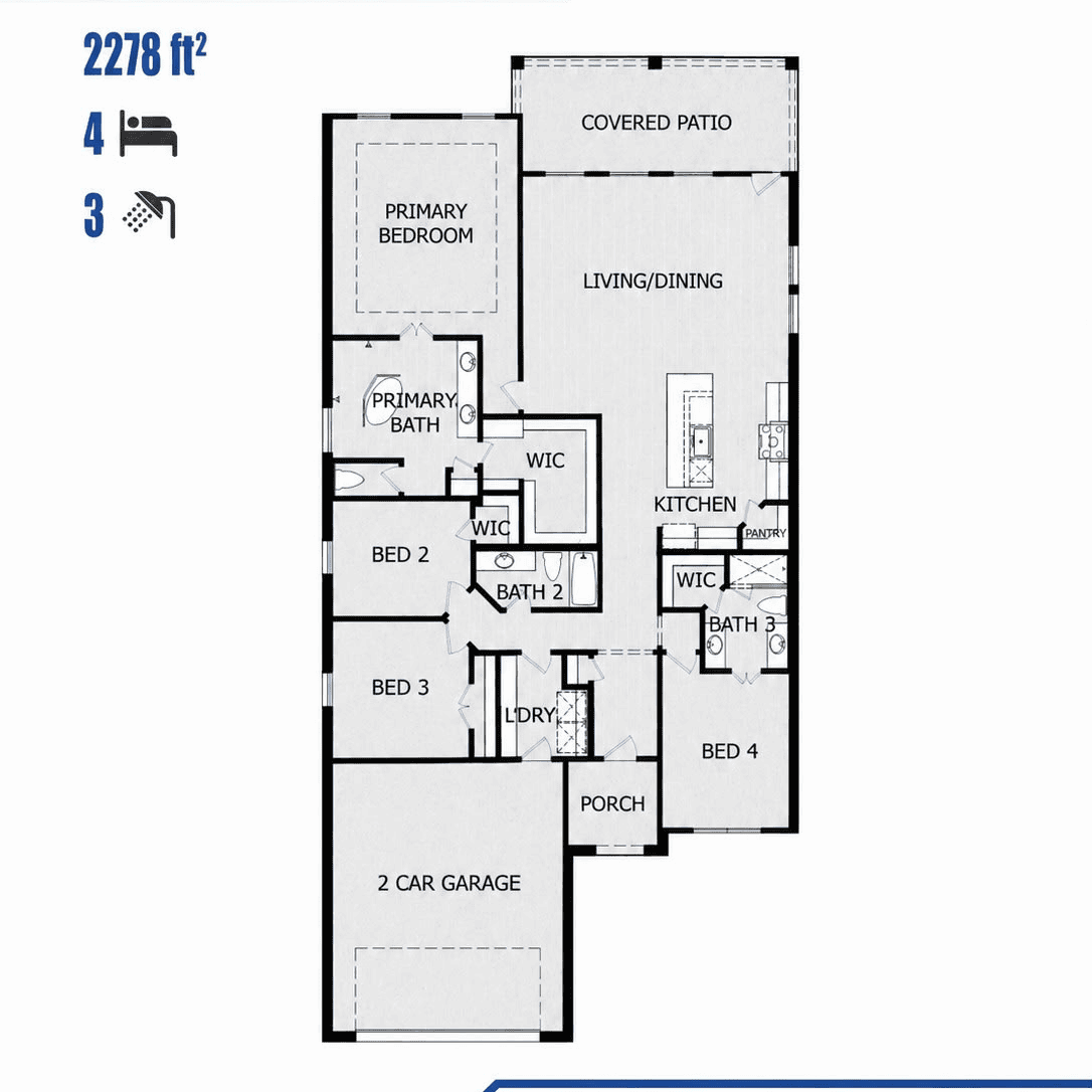 Diamond Plan floor plan by Jewel Homes - 2,278 sq ft, 4 bedrooms, 3 baths, single story, covered patio, Red Oak Gardens Subdivision, Red Oak TX