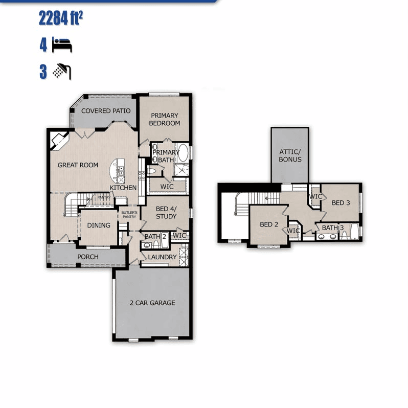 Emerald Plan floor plan by Jewel Homes - 2,284 sq ft, 4 bedrooms, 3 baths, covered patio and bonus attic, Red Oak Gardens Subdivision, Red Oak TX