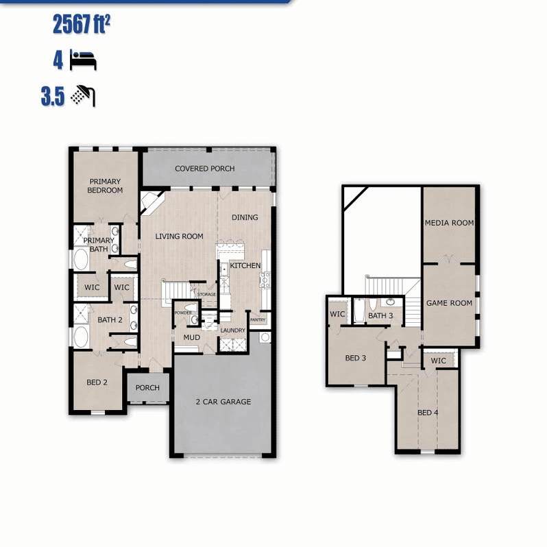 Pearl Plan floor plan by Jewel Homes - 2,567 sq ft, 4 bedrooms, 3.5 baths, media and game room, Red Oak Gardens Subdivision, Red Oak TX