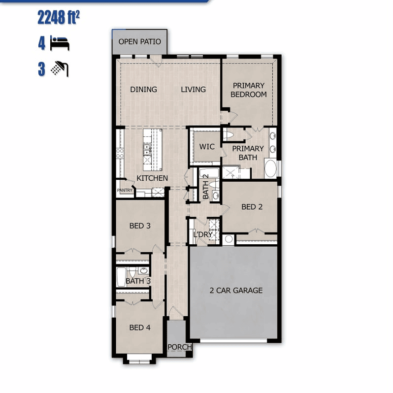 Ruby Plan floor plan by Jewel Homes - 2,248 sq ft, 4 bedrooms, 3 baths, single story, 2-car garage, Red Oak Gardens Subdivision, Red Oak TX
